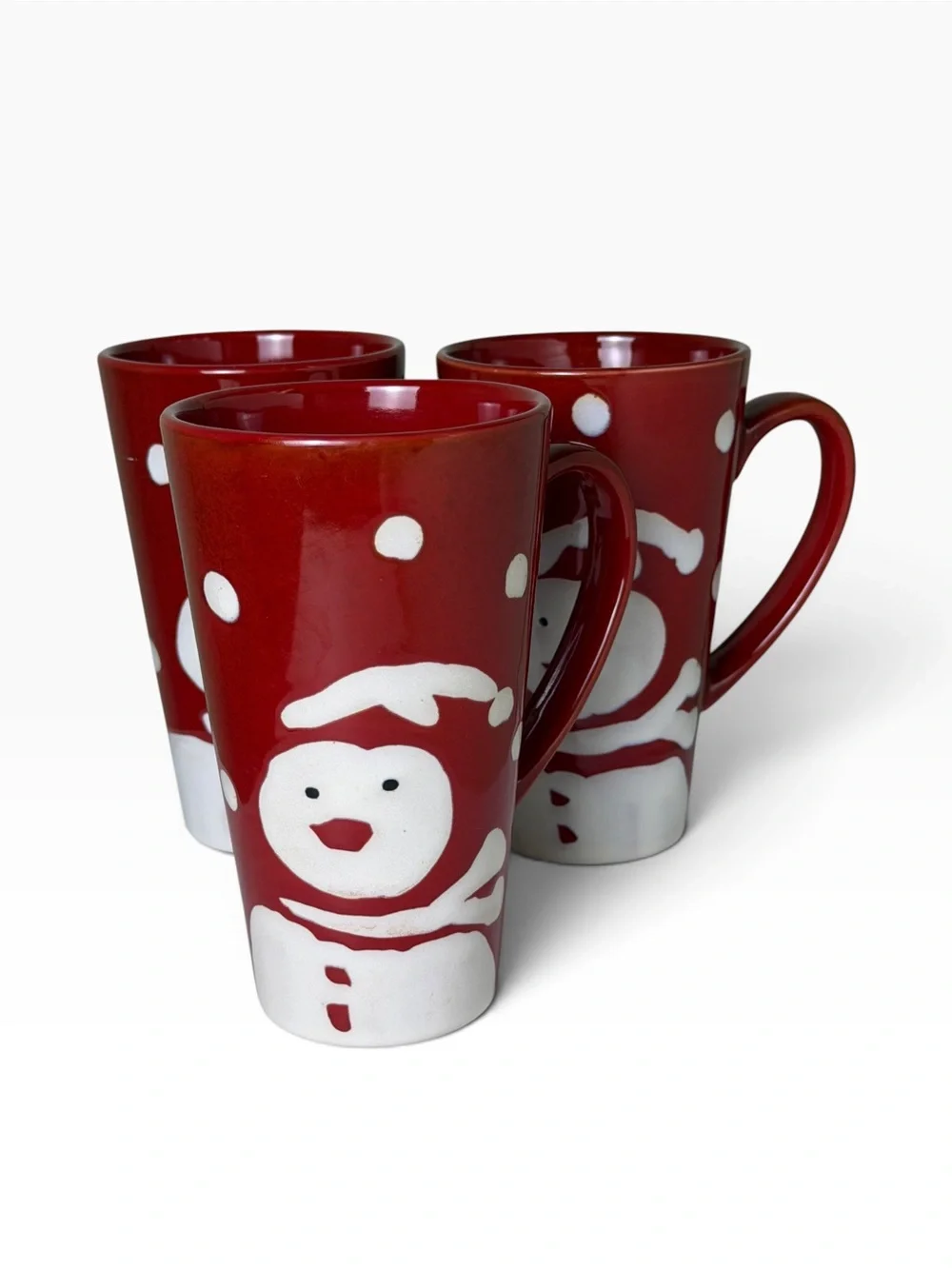 Pier 1 Snowman Christmas Mugs Set of 3 Hand Painted Red Holiday Stoneware